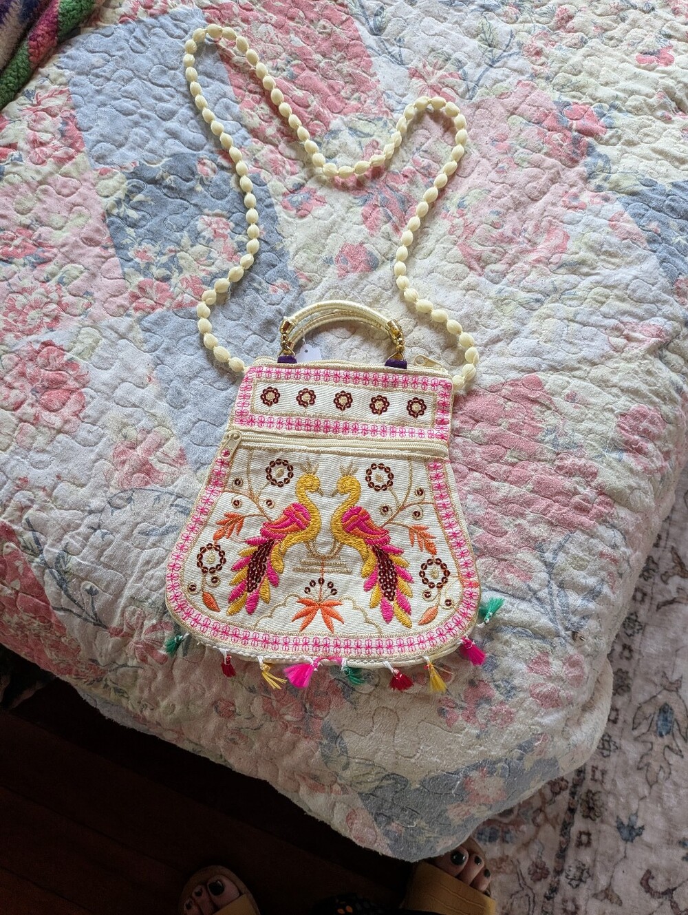 Embroidered White Beaded Crossbody Bag with Pink & Yellow Accents
